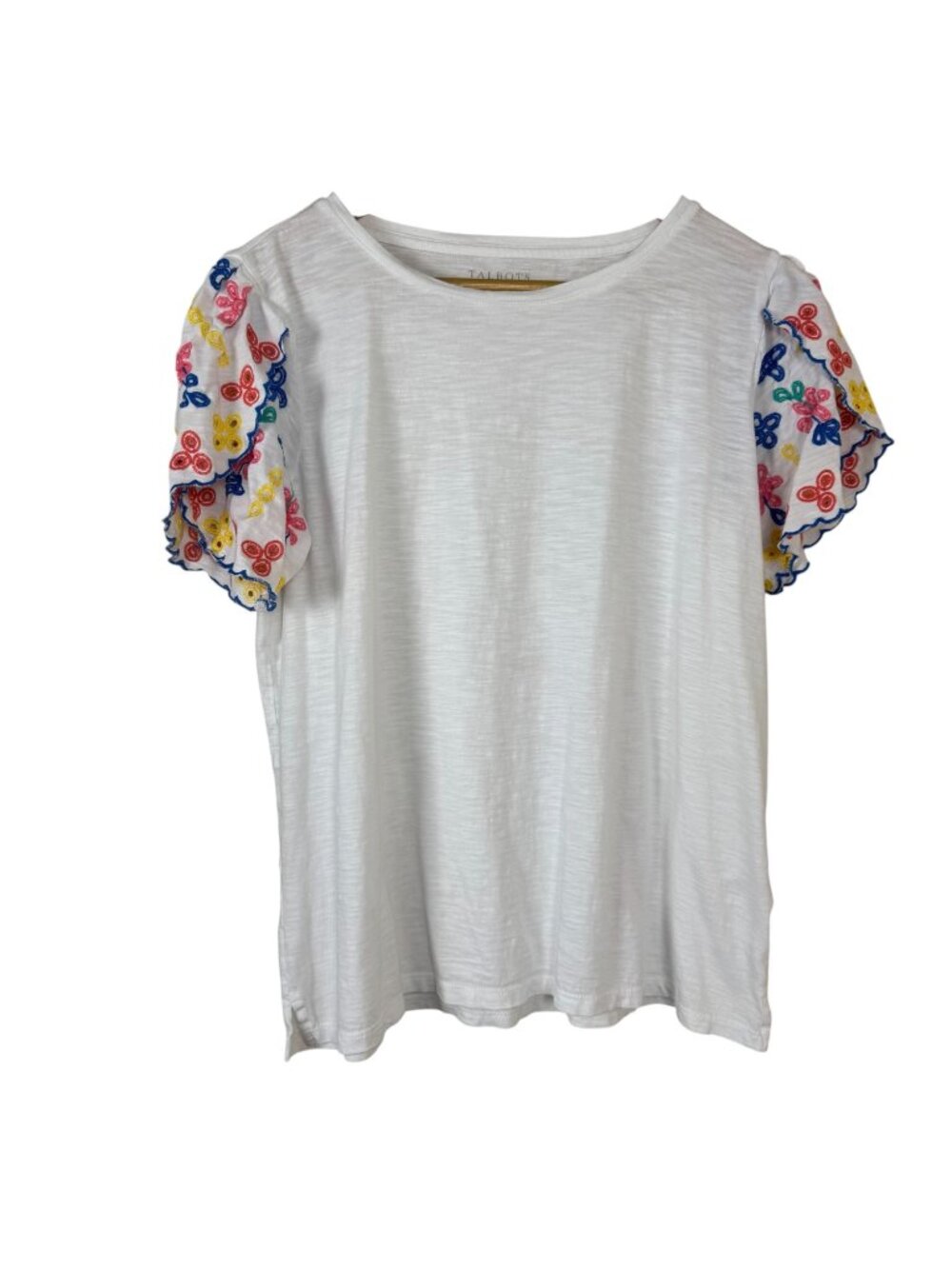 Talbots White T Shirt Multicolor Eyelet Lace Sleeves Size Lrg Petite Casual Fun